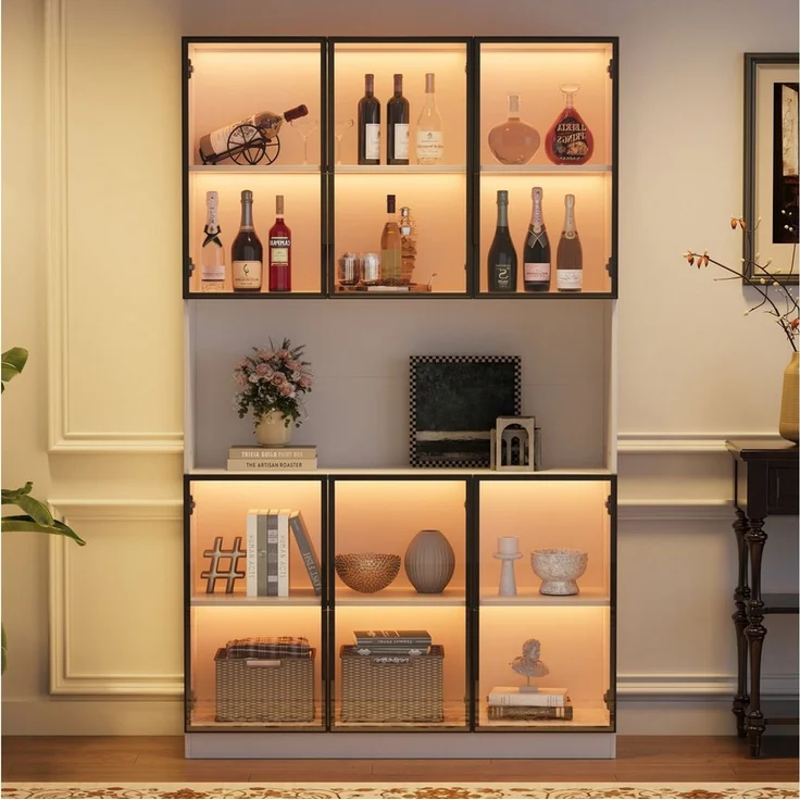 OKWISH Vitrine Regal 120x200x34 cm mit LED-Beleuchtung & 6 Glastüren – Weiß (Packung, 1-St, Elegante Aufbewahrungslösung mit Soft-Close Scharnieren) Perfekt für Ihre wertvollen Stücke. – Bild 1