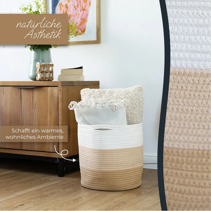 HMF Aufbewahrungskorb Aufbewahrungskorb mit versteckten Griffen, runder Korb passend für Kallax, 31 x 31 cm, Weiß-Braun – Bild 3