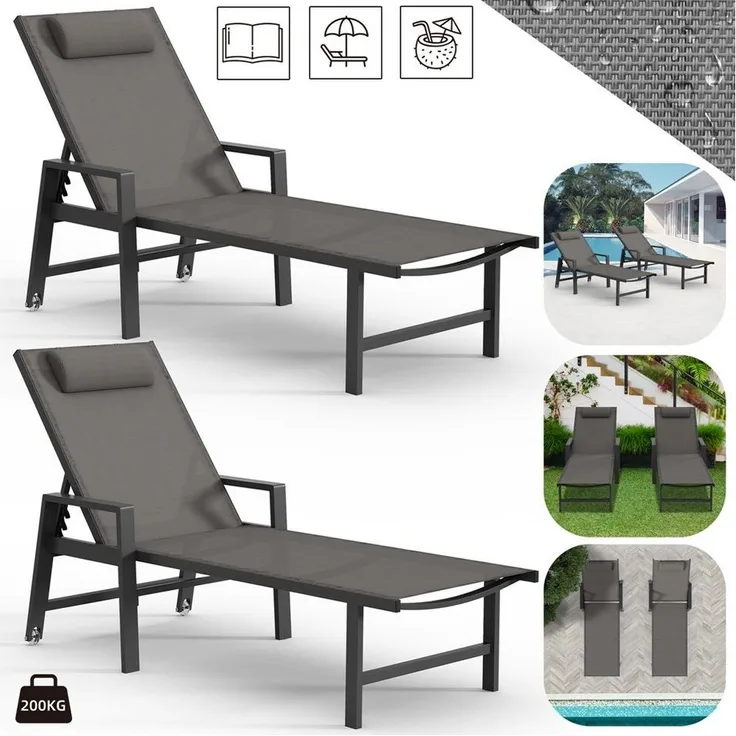 Melko Gartenliege Relaxliege Aluminium Sonnenliege mit Kissen Liegestuhl Klappliege, 2-tlg, 5-fach verstellbare Rückenlehne