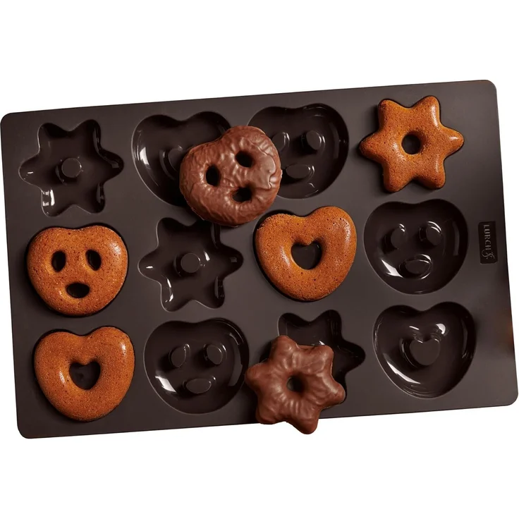 Lurch FlexiForm Backform für 12 Mini-Lebkuchen Bretzeln, Herzen und Sterne Premium-Platin-Silikon 20x30 cm