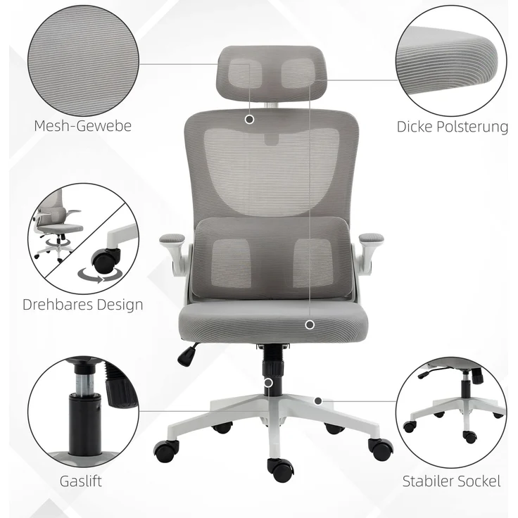 Bürostuhl ergonomisch höhenverstellbar Schreibtischstuhl mit Armlehnen, Kopfkissen, Wippfunktion und Lendenstütze, Mesh Grau für optimalen Komfort--Grau--60x59x122cm--YOUDENOVA – Bild 7
