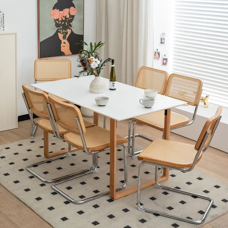 LVHOM 2er Set Freischwinger, Esszimmerstuhl mit Wiener Geflecht, Bauhaus Küchenstuhl aus Natur-Rattan, 25mm Chromgestell, stapelbarer Wohnzimmerstuhl, Natur – Bild 6