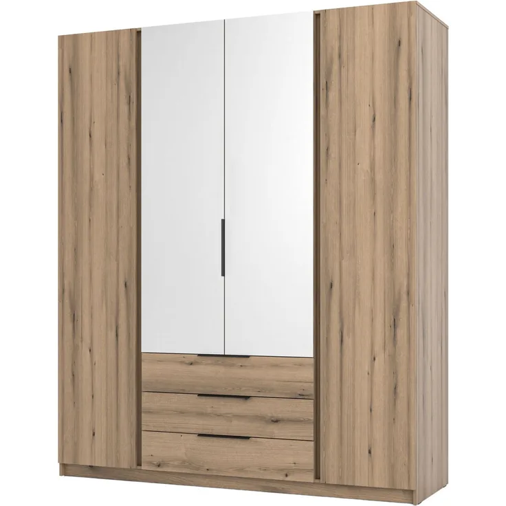 Selsey 'Kaja' Kleiderschrank 4-türig mit Spiegel & 3 Schubladen, Eiche Evoke, ca. 239 x 200 x 62 cm
