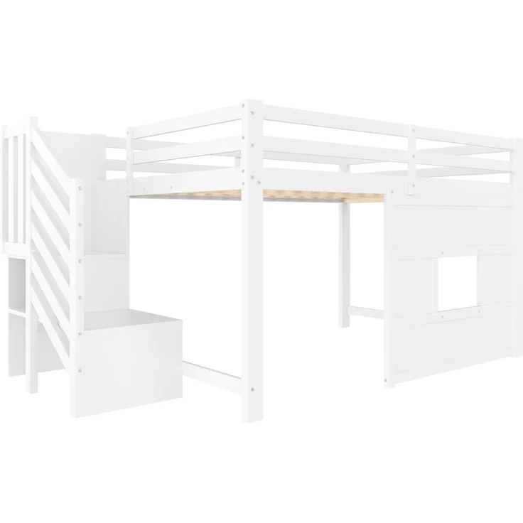 EINHOM 140 x 200 Cmhochbett mit Stauraumtreppe und Fenster, 140 x 200 cm, Weiß, (Ohne Matratze) – Bild 6