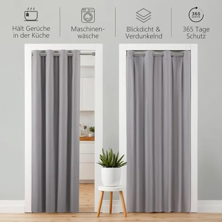 tinycurtains Türvorhang für alle gängigen Türgrößen, Thermovorhang (ohne Stange) Türgardine, Ösen (1 St), abdunkelnd, 100% Polyester, blickdicht hellgrau Moonlight 200x150 cm für Tür, Schrank & Fenster – Bild 6