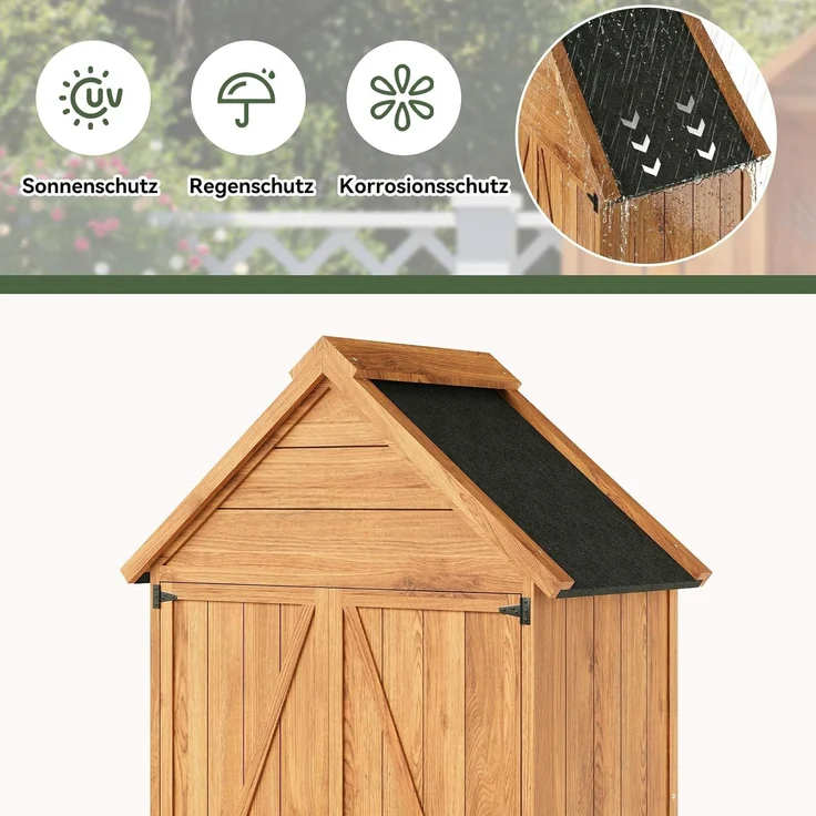 Aoxun Geräteschuppen Holz 73x39x169cm mit Regalen, giebelförmiges Gartenhaus mit Asphaltdach & Doppeltüren, wetterfester Gartenschrank Outdoor für Balkon Terrasse Hinterhof,Natürlicher Holzfarbton – Bild 3