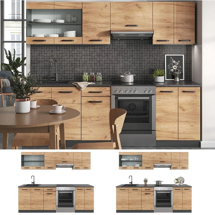 Küchenzeile R-Line Goldkraft Eiche/Anthrazit 240 cm, AP Schwarz gemustert Vicco – Bild 2