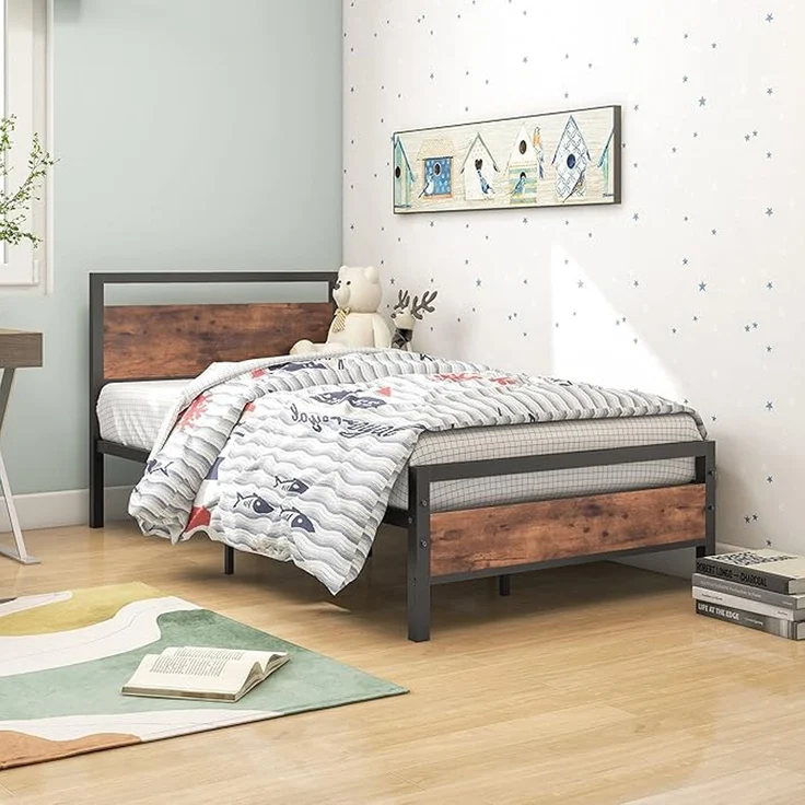 Doppelbett aus Stahl mit MDF-Kopfteil, ohne Matratze, 140x200 cm, Braun/Walnuss – Bild 2