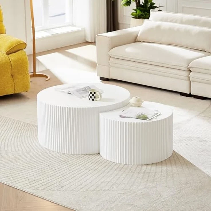 Modern White Nesting Coffee Tables Set - 2 - Piece Round MDF Embossed Board with Matt White Paint, Nordic Style for Living Room, Space - Saving Nesting Design – Bild 2