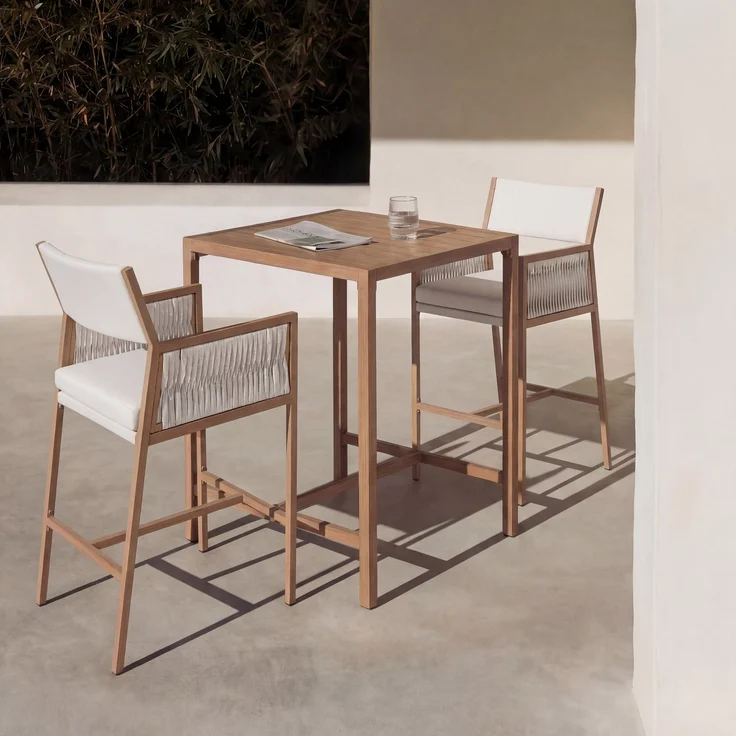 Set Bartisch + 2x Barhocker HWC-Q12, Barstuhl Stehtisch, Polyrattan Olefin (210 g/m²) ~ weiß – Bild 1