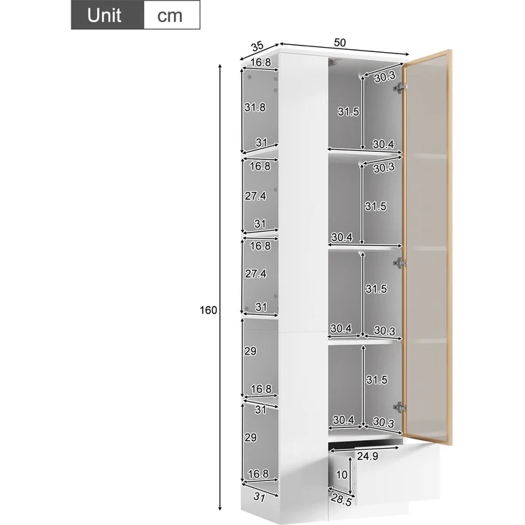 Vitrine 50 x 35 x 160 cm in Weiß mit Glastür und dimmbarer LED-Beleuchtung – Bild 5