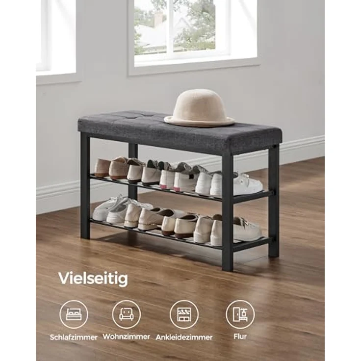 SONGMICS Schuhbank, Schuhregal mit 3 Ebenen, Schuhaufbewahrung, Sitz mit Schaumstoffpolsterung, Leinen, Metallrahmen, für Wohnzimmer Eingangsbereich, 31 x 81 x 49 cm, dunkelgrau-schwarz LBS057B01 – Bild 7