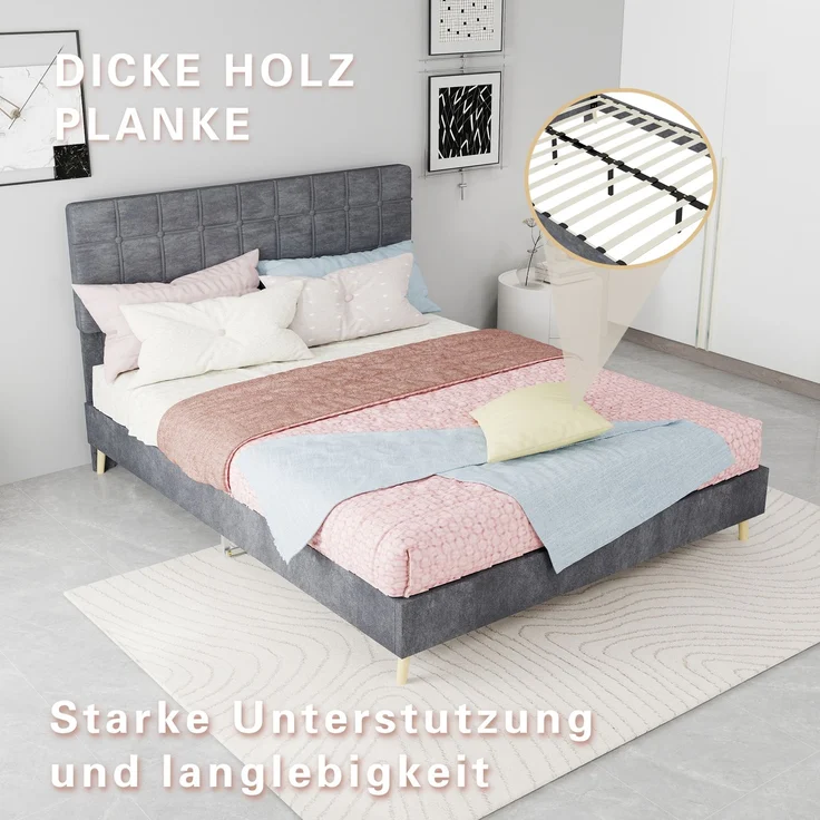 Novelux Polsterbett 140x200 cm mit gestepptem Kopfteil - Doppelbett Stoffbett Dunkelgrau, Massivholzrahmen & Holzfüße, Modernes Bettgestell für Schlafzimmer – Bild 4