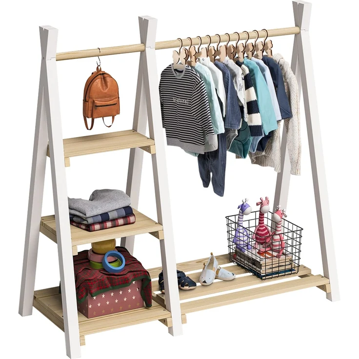 Bellabino 'Ryck' Tipi Kleiderstange mit 3 Regalen, Kiefer Massivholz, weiß/natur, 112x48x112 cm, Kindergarderobe mit Schuhablagefläche – Bild 10