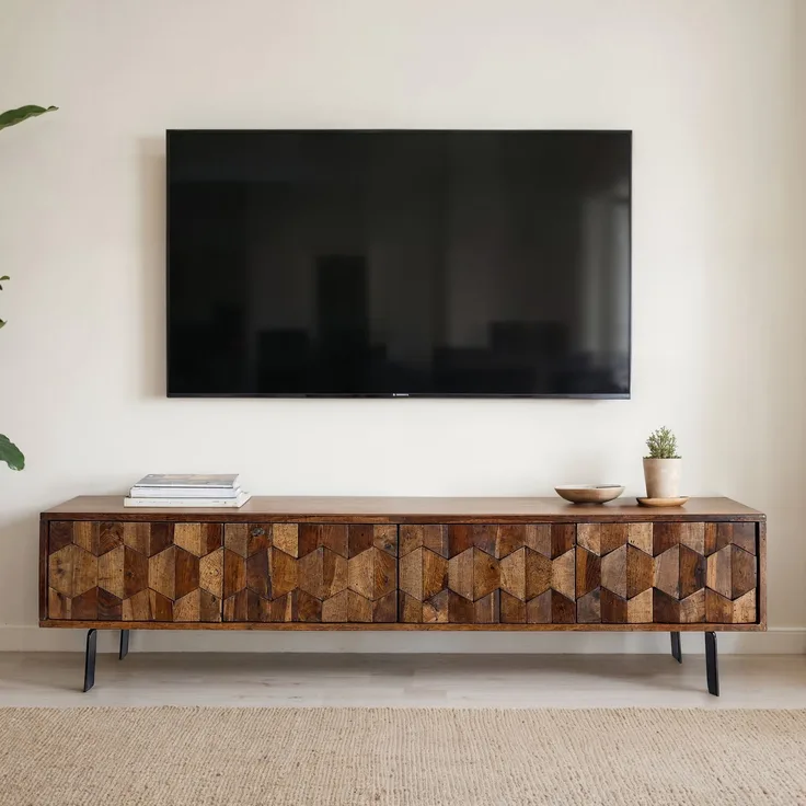 FINEBUY Lowboard TV Board Massivholz 160 cm 3D Fronten & Metallbeine (vier Türen, 160x40x35 cm, Massivholz 3D-Fronten), TV-Schrank Modern Fernsehtisch, TV-Kommode Niedrig