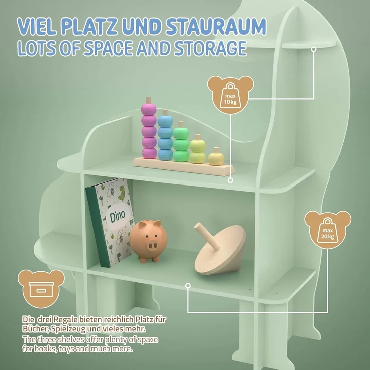 Joyz Spielzeugtruhe Kinderregal Kindermöbel Kinderzimmerregal Spielzeug Spielzimmer Möbel, Dino Bücherregal mit 3 Ebenen MDF – Bild 6