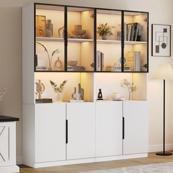 DESVIAE Vitrine mit LED-Beleuchtung, Glastüren und Stauraum 160x200x30 cm aus Spanplatte, Weiß – Bild 1
