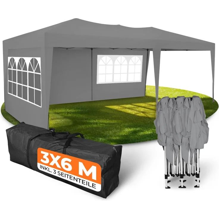 Kronenburg Faltpavillon wasserdicht Pavillon mit 3 Seitenteilen, Gartenzelt, 3x6 m - mit UV Schutz 50+, Grau – Bild 1