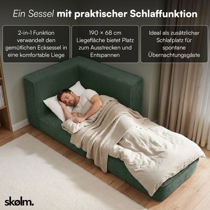 skølm 'Ránar' Ecksessel mit Liegefunktion und 1 Kissen, Sessel ausklappbar, vakuumverpackt ohne Aufbau, dunkelgrün aus Cord – Bild 5