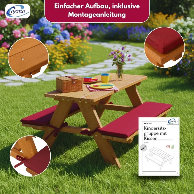 Coemo Kinder-Sitzgruppe Rotbraun Picknicktisch mit Polster Spieltisch Gartentisch Holz – Bild 4