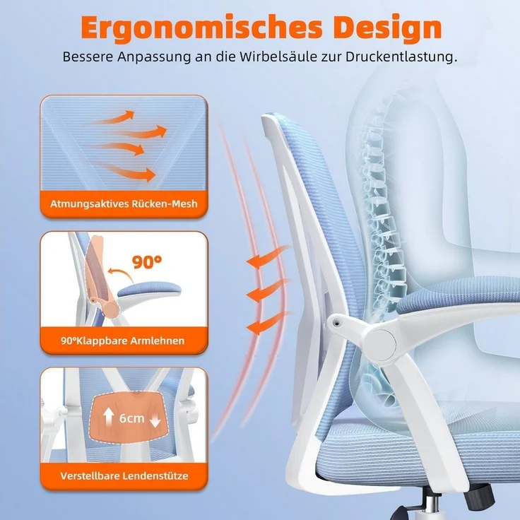 Hiazurm Bürostuhl Bürostuhl,Chefsessel aus Mesh,Ergonomischer Schreibtischstuhl (Verstellbarer Armlehnen, Lendenwirbelstütze,Drehstuhl Wippfunktion,Atmungsaktiv), Verlängerte und Verbreiterte Rückenlehne, Bis 155 kg,Schwarz – Bild 2
