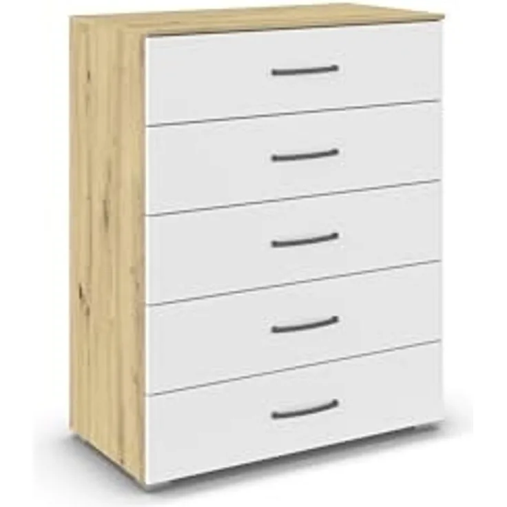 rauch Aditio Box, Kommode, 5 Schubladen, mit Softclose-Funktion, Farbe Weiß/Eiche Artisan, BxHxT 80x100x43cm