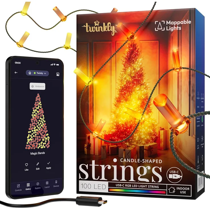 Twinkly Strings Candle 100 LED, LED-Lichterkette in Kerzenform, RGB LED-Lichter Mehrfarbig, Kompatibel mit Alexa & Google Home, Gaming-Lichter, Stromversorgung über USB-C, Grünes Kabel, 6m