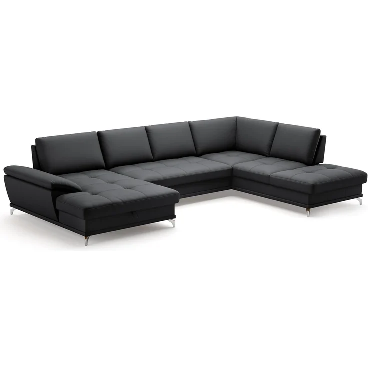 Cavadore Wohnlandschaft Castiel mit Federkern / Sofalandschaft mit XL-Longchair, Sitztiefenverstellung, satinierten Metallfüßen / 363 x 89 x 223 / Echtleder, Schwarz – Bild 1