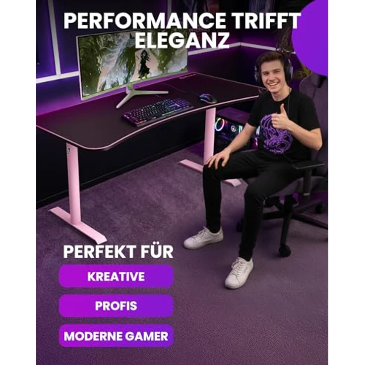 Arozzi Arena Gaming Desk - Pink, großer Gaming-Tisch mit vollflächigem Mikrofaser-Mauspad und höhenverstellbaren Stahlbeinen – Bild 5