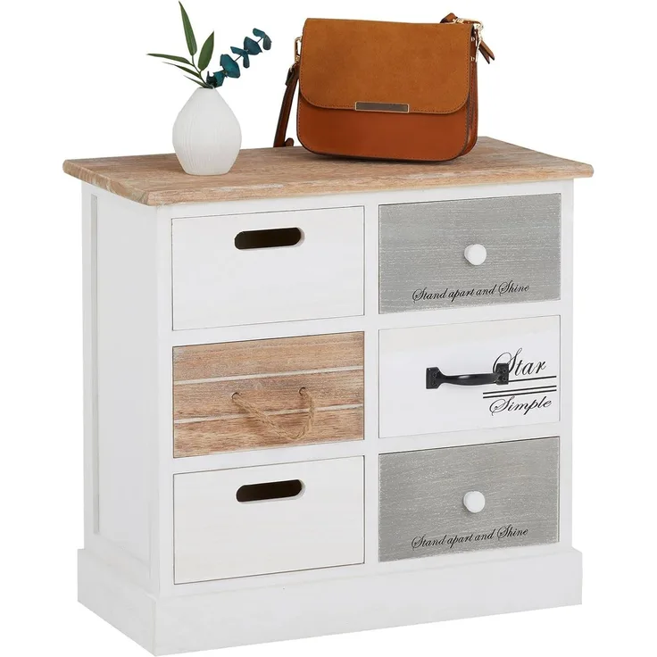 CARO-Möbel Kommode Salva mit 6 Schubladen, Schubladenschrank Vintage. Aufbewahrungsregal in weiß, Shabby Chic