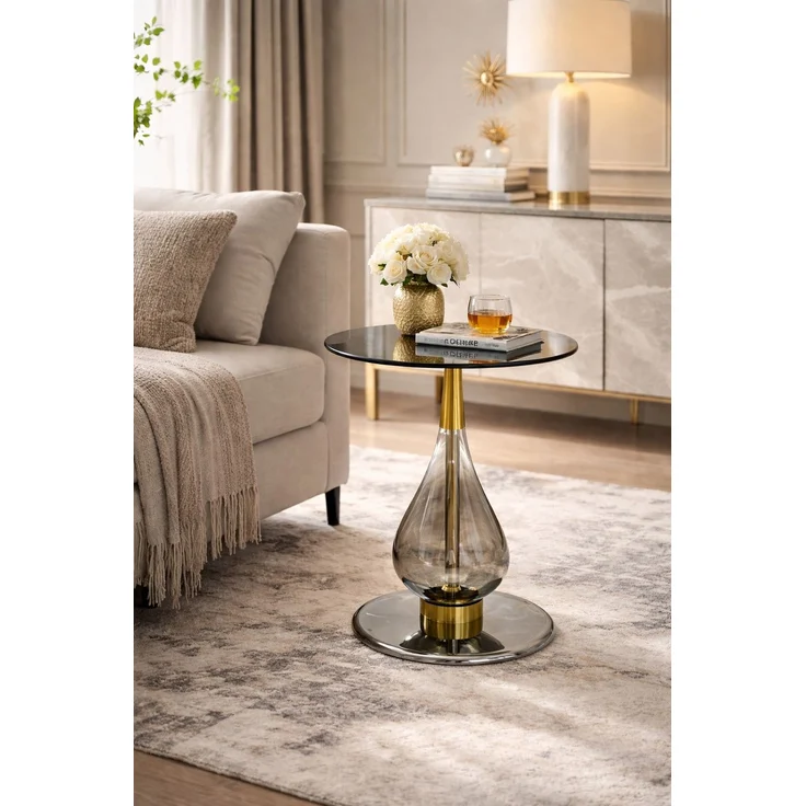 Design Beistelltisch Rund Ø45cm Schwarz/Gold – Grauglas Sicherheitsglas Höhe 52cm – Bild 1