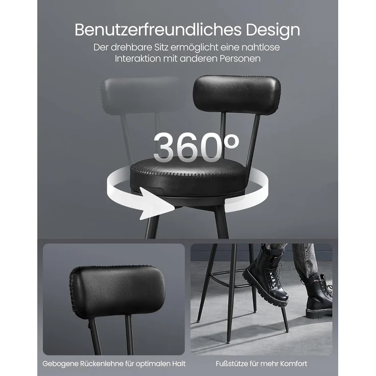 VASAGLE EKHO Kollektion - 360° drehbarer Barhocker, 2er Set, Hocker mit Rückenlehne für Bartisch, Kunstleder mit Nähten, Mid-Century-Modern-Stil, 76 cm hoch, Küche, Hausbar, tintenschwarz LBC889B01 – Bild 7