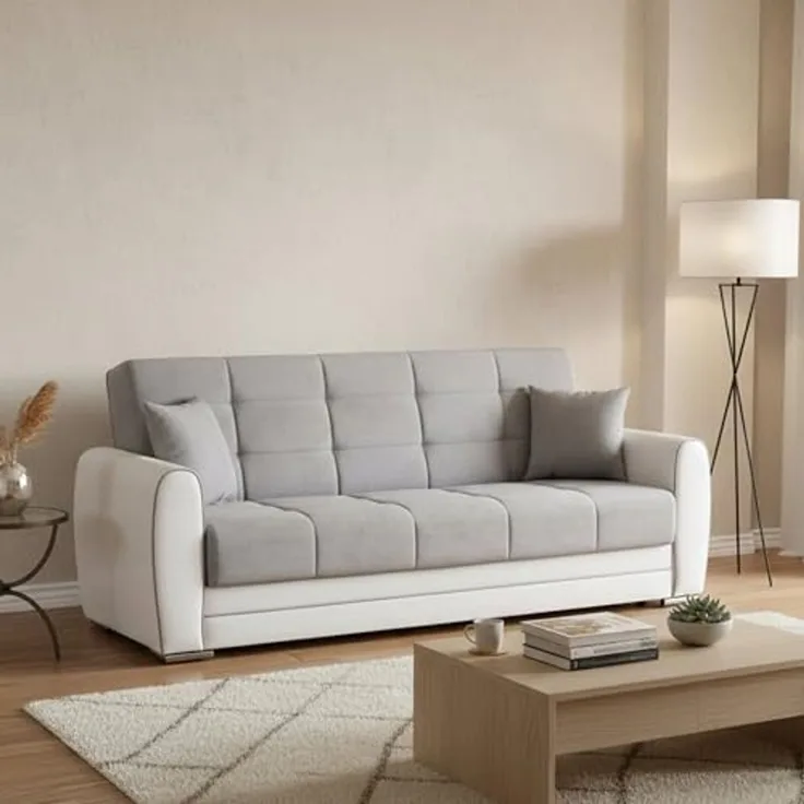 Dmora - Schlafsofa Luis, 3-Sitzer-Container-Schlafsofa aus Kunstleder und Stoff, Wohnzimmersofa aus gepolstertem Stoff mit Klick-Klack-Öffnung, Cm 220x84h91, Weiß und Grau