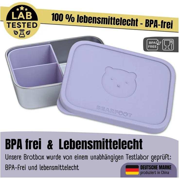BEARFOOT Lunchbox Brotdose Kinder Edelstahl mit Silikoneinsatz - Lavendel, Kindergarten und Schule - Mädchen und Jungen, Vesperbox, Snackbox