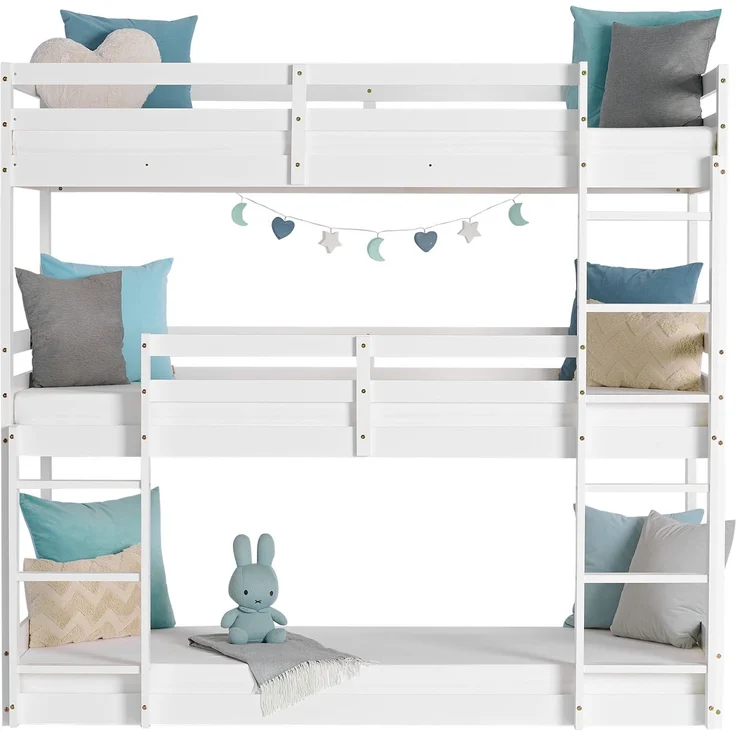 Homestyle4u Etagenbett mit 3 Liegeflächen, Kiefernholz weiß, 90x200 cm – Bild 7