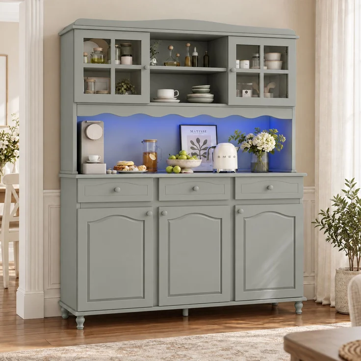 EINHOM Buffetschränke, Esszimmer-Hochschrank 135 x 40 x 185 cm, Mehrstufigem Stauraum, Integrierter Steckdose sowie USB-C- und USB-A-Anschlüssen, Farbiger LED-Streifen, Graugrün – Bild 5