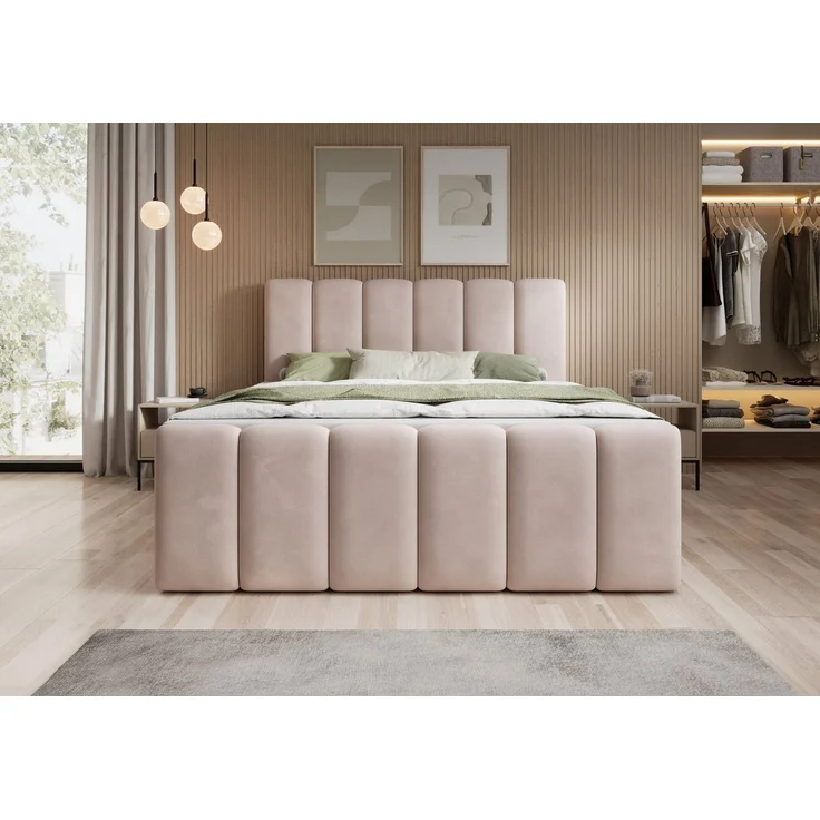 thematys Boxbett mit Bettkasten 140x200cm, mit Bonnellfederkernmatratze H3, Bouclé/Velours, mit Stauraum, mit 3 cm Topper, Beige (Velluto 02), Art.-Nr. S0ZH40NOKEB – Bild 2