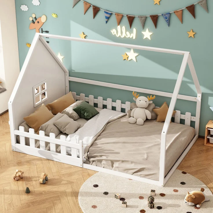 Kinderbett 140x200 Hausbett mit Geländer, Kiefernholz+MDF, Fantasiebett,Weiß – Bild 2