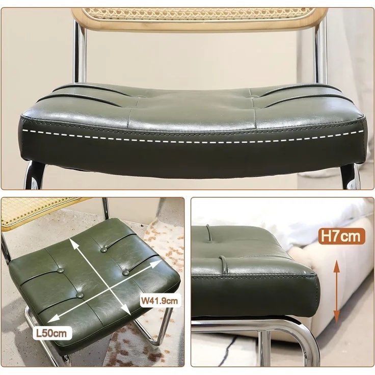 LVHOM Freischwinger 2er Set Esszimmerstuhl, Retro Küchenstuhl mit Chromgestell & Rattan-Rückenlehne, gepolsterter Kunstleder-Sitz, stapelbar, moderne Wohnzimmerstuhl, Dunkelgrün – Bild 4