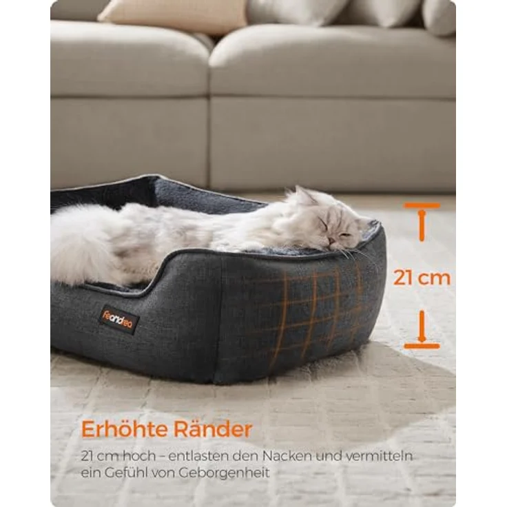 Feandrea Katzenbett, Hundebett, Hundekissen in Leinenoptik, erhöhte Ränder, rutschfeste Unterseite, Bezug abnehmbar waschbar, S, für Minihund, 60 x 50 x 21 cm, dunkelgrau PGW009G01 – Bild 5