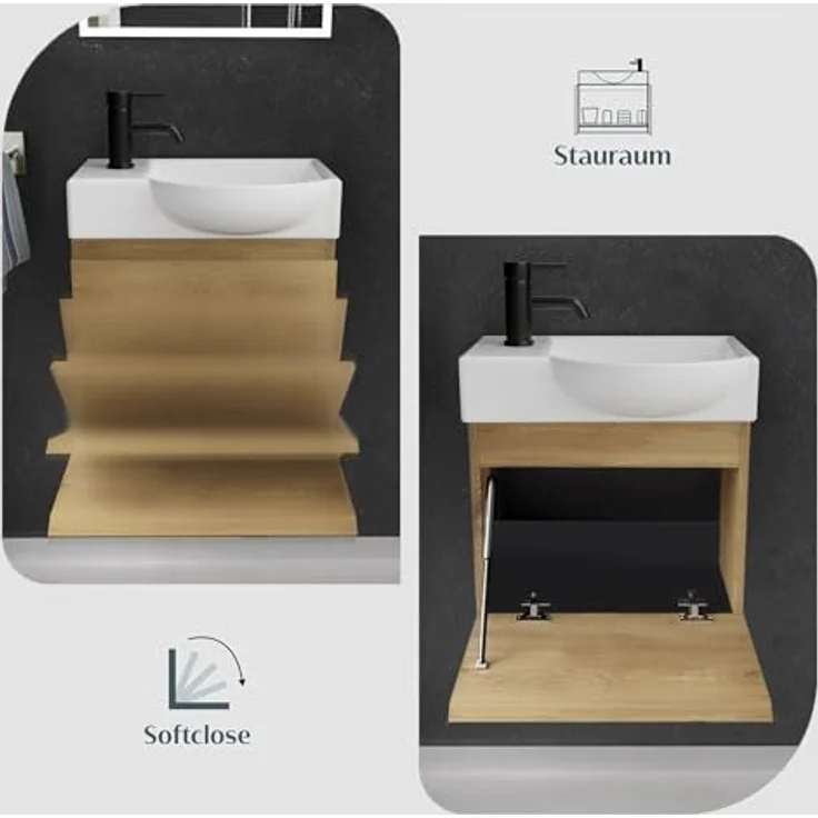Alpenberger Badmöbel-Set - Gäste WC Waschbecken mit Unterschrank 45 cm Breit, (Badschrank 2-tlg, Waschtisch hängend), Waschbeckenunterschrank mit Softclose - Eiche Hell - Rechts Becken – Bild 5
