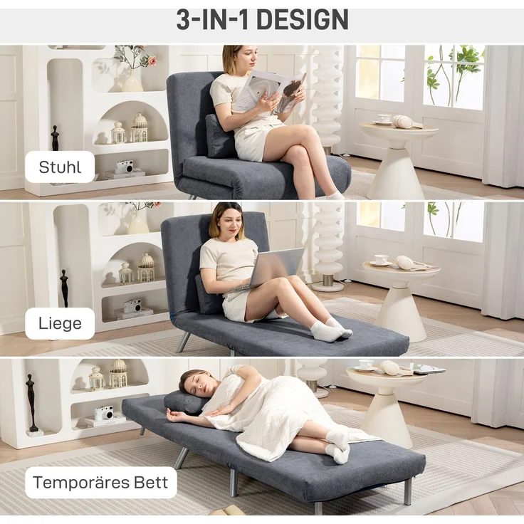 Polstersessel mit Bettfunktion, 3-in-1 Design, Schlafsessel, Gästebett, Stoffbezug, mit Kissen, Dunkelgrau--Dunkelgrau--80x75x83cm--YOUDENOVA – Bild 6