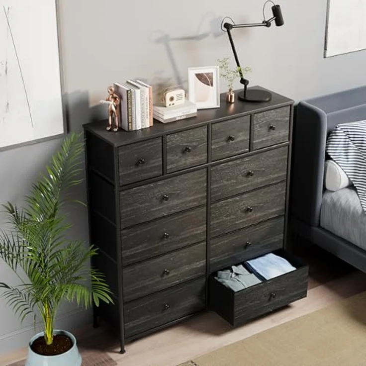 Clevich Stoff-Kommode, Schminktisch Schrank, Aufbewahrungsschrank, 12 Schubladen aus Stoff, Metallrahmen, industrieller Stil, für Wohnzimmer, Flur, Schlafzimmer (Schwarz) – Bild 6