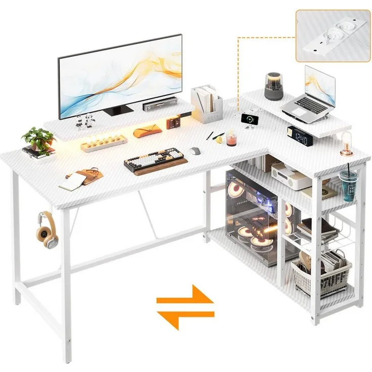Furnicopia Eckschreibtisch L-förmiger Gaming-Schreibtisch mit Stauraum, Steckdosen und LED (120/140 cm großer Schreibtisch mit zwei Monitorhalterungen, zwei Ablagen, einer verstellbaren Ablage, einem Becherhalter und einem Kopfhörerhalter)