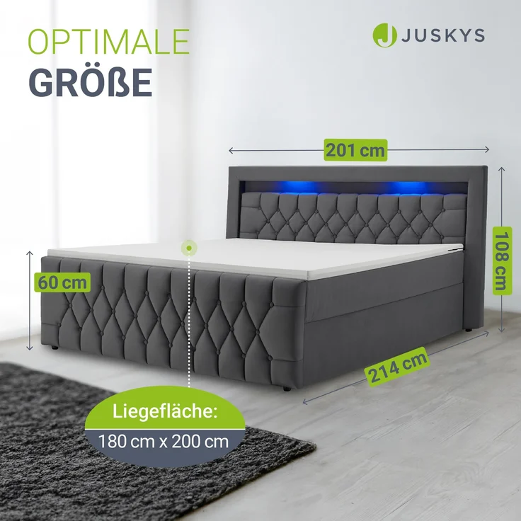 Juskys Boxspringbett Leona 180x200 cm - Bett mit LED Beleuchtung, Topper & H4 Federkern Matratzen - Doppelbett Grau mit Samt und Steppung – Bild 2