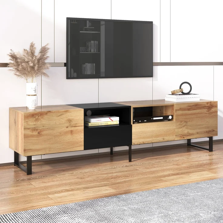 TV-Lowboard 190 cm mit Türen und Schubladen, moderner Fernsehtisch in Schwarz und Holzoptik – Bild 4