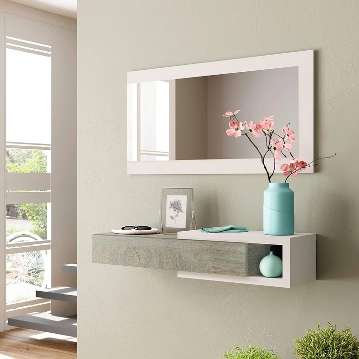 Flur mit Schublade und Spiegel, Eingangsmöbel, Modell Noon, Ausführung in Artik White und Alaska Oak, Maße: 95 cm (Breite) x 19 cm (Höhe) x 26 cm (Tiefe) – Bild 2