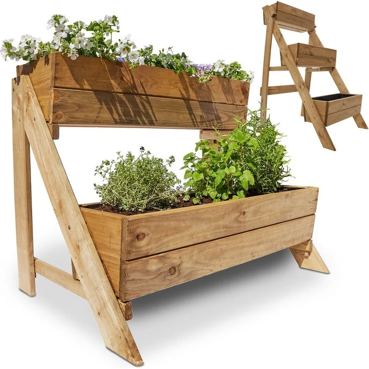 Onbest Pflanzentreppe Holz 2-stöckig 3-stöckig mit Innenvlies, 4 x14x19,5cm Pflanzkasten – Bild 1