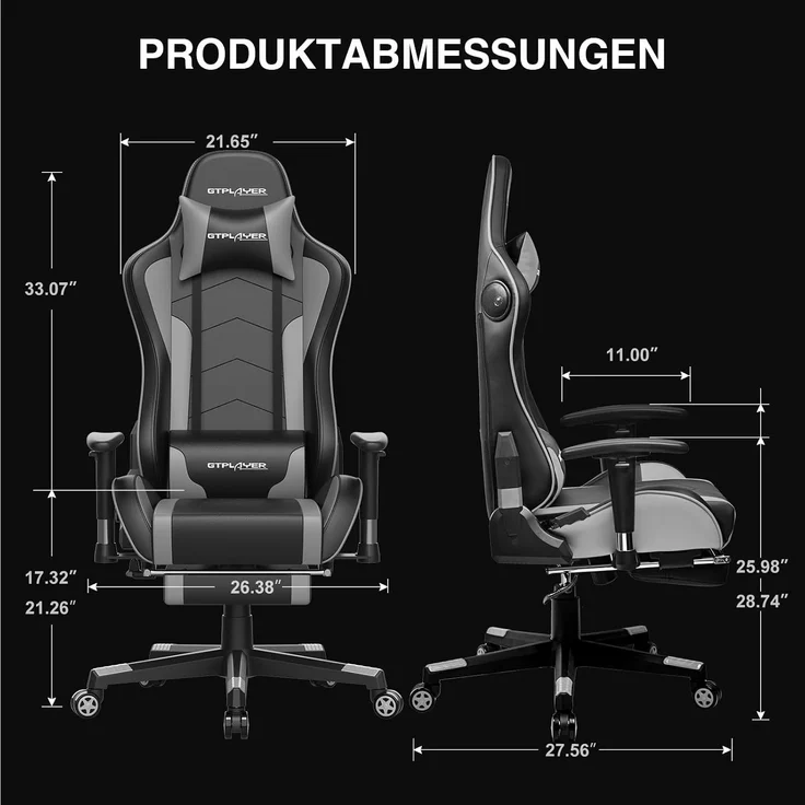 GTPLAYER Gaming Stuhl Gamer Stuhl mit Fußstütze Bluetooth Lautsprecher Ergonomischer Bürostuhl Computerstuhl Schreibtischstuhl PC Stuhl mit verstellbare Rückenlehne 200 kg Belastbarkeit grau – Bild 2