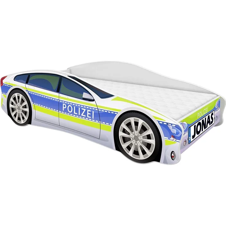 ACMA Kinderbett Auto-Bett Polizei mit Rausfallschutz, Lattenrost und Matratze (Polizei 1, 160x80 cm + Name)